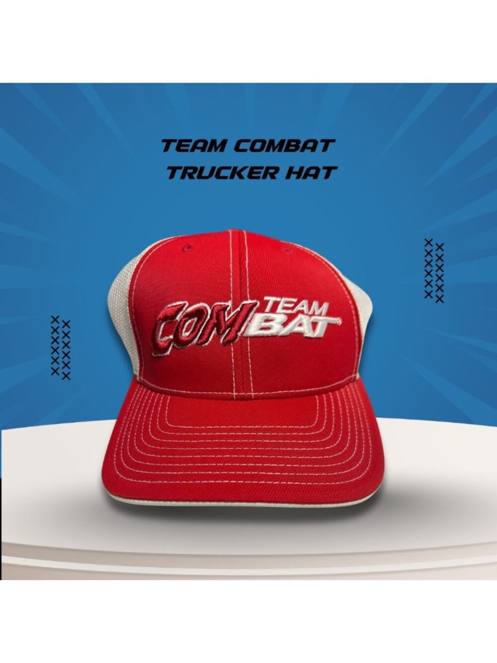 Team Combat Trucker Hat Red & White Mesh Pro Model Adjustable Med-XL Flexfit